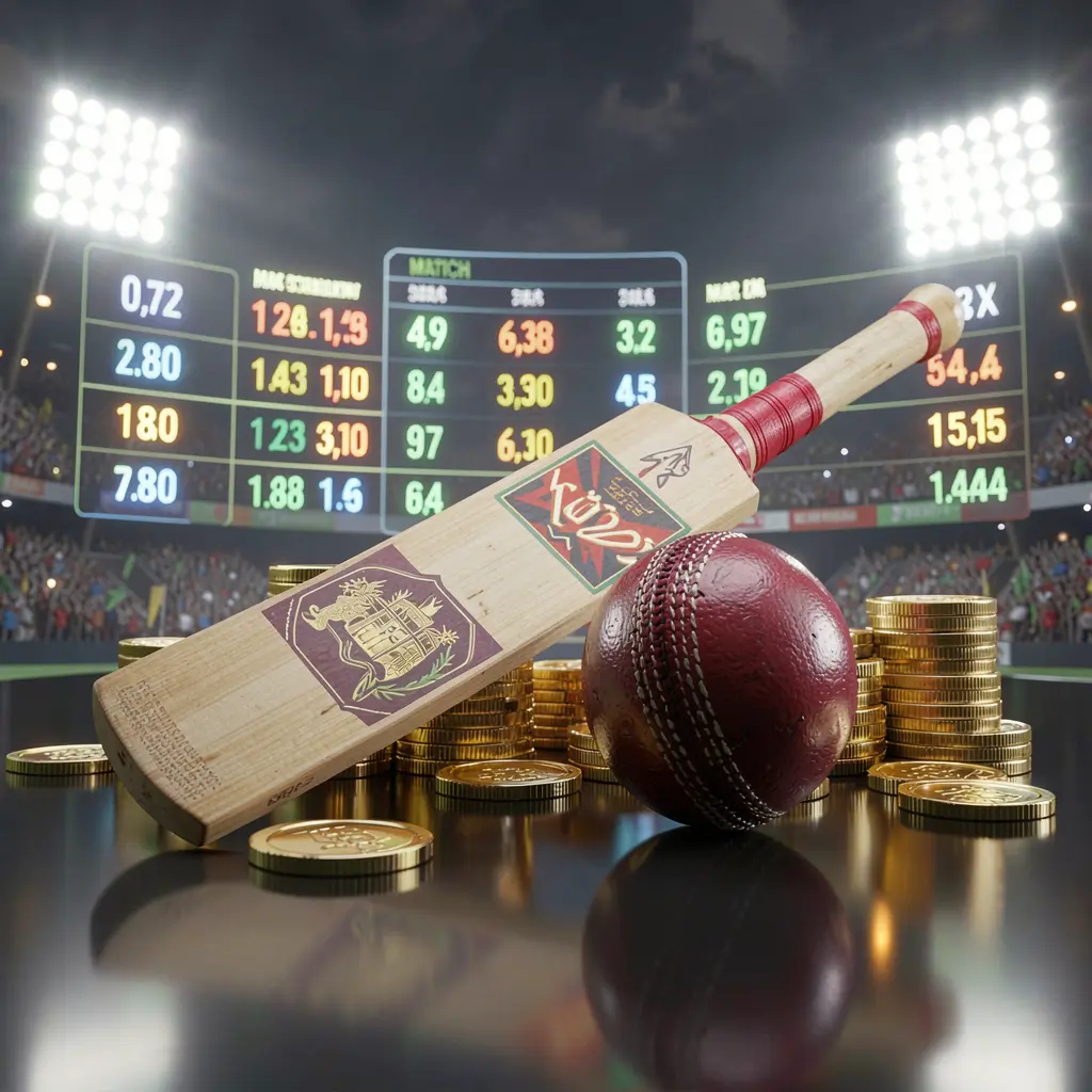 TOP786 premium sports betting image featuring a cricket bat on a glossy dark surface with a cricket ball, golden coins, glowing match statistics, and stadium lights in a realistic 3D render