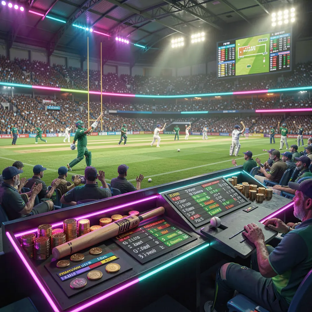 TOP786 cricket sportsbook scene showing a packed cricket stadium with a green field, bat and ball, digital live odds panels, coins, and neon lighting in a cinematic 3D render