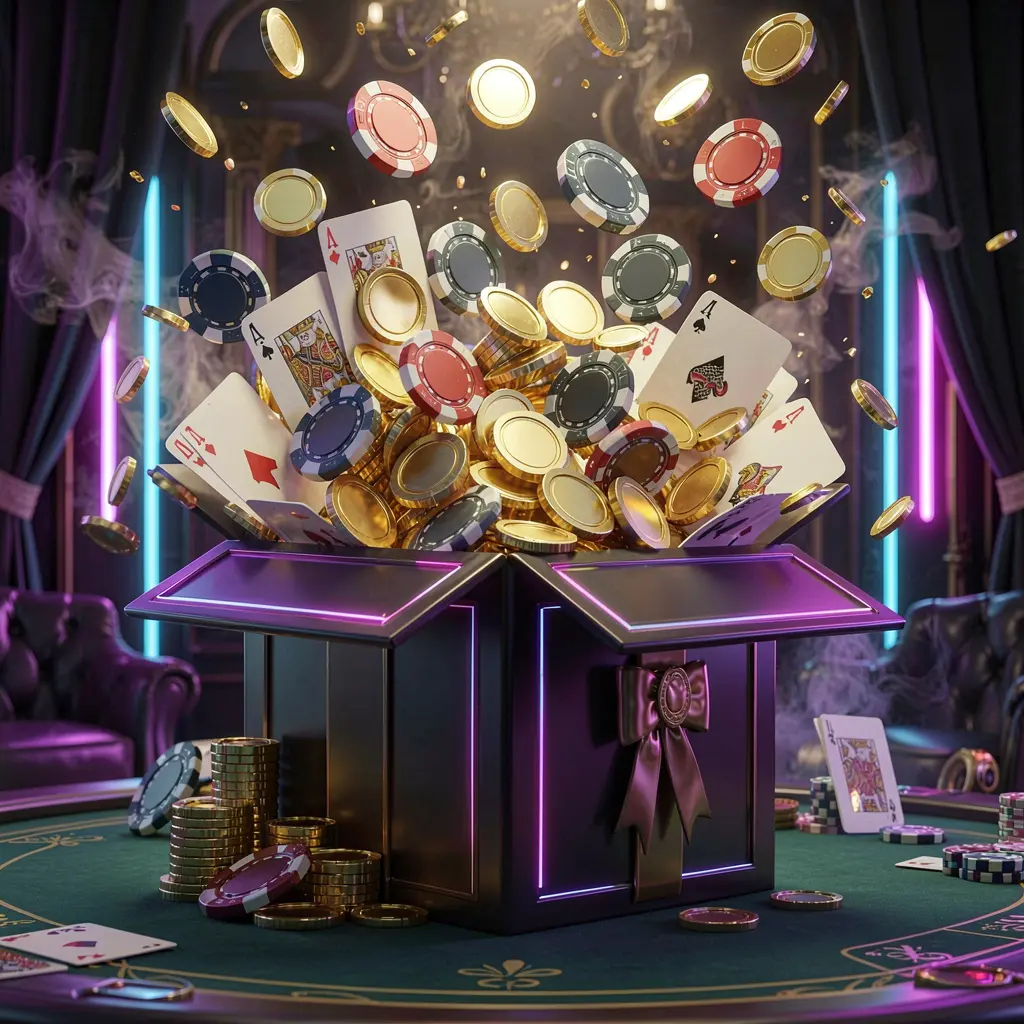 TOP786 online casino bonus gift box exploding with golden coins, poker chips, and playing cards against a dark luxury background with glowing neon accents TOP786 online casino bonus gift box exploding with golden coins, poker chips, and playing cards against a dark luxury background with glowing neon accents