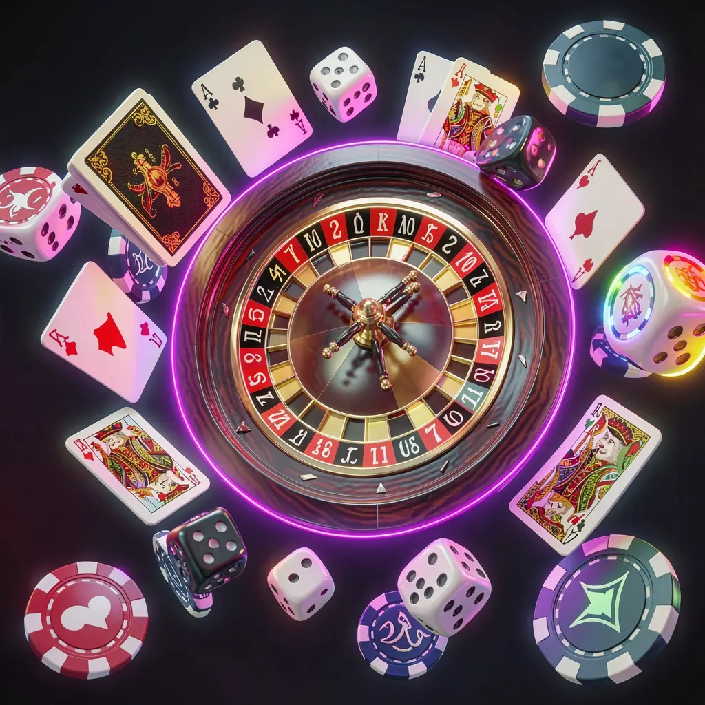 TOP786 online casino games collection featuring a neon glowing roulette wheel, blackjack cards, dice, slot symbols, and poker chips floating together in a premium 3D render TOP786 online casino games collection featuring a neon glowing roulette wheel, blackjack cards, dice, slot symbols, and poker chips floating together in a premium 3D render