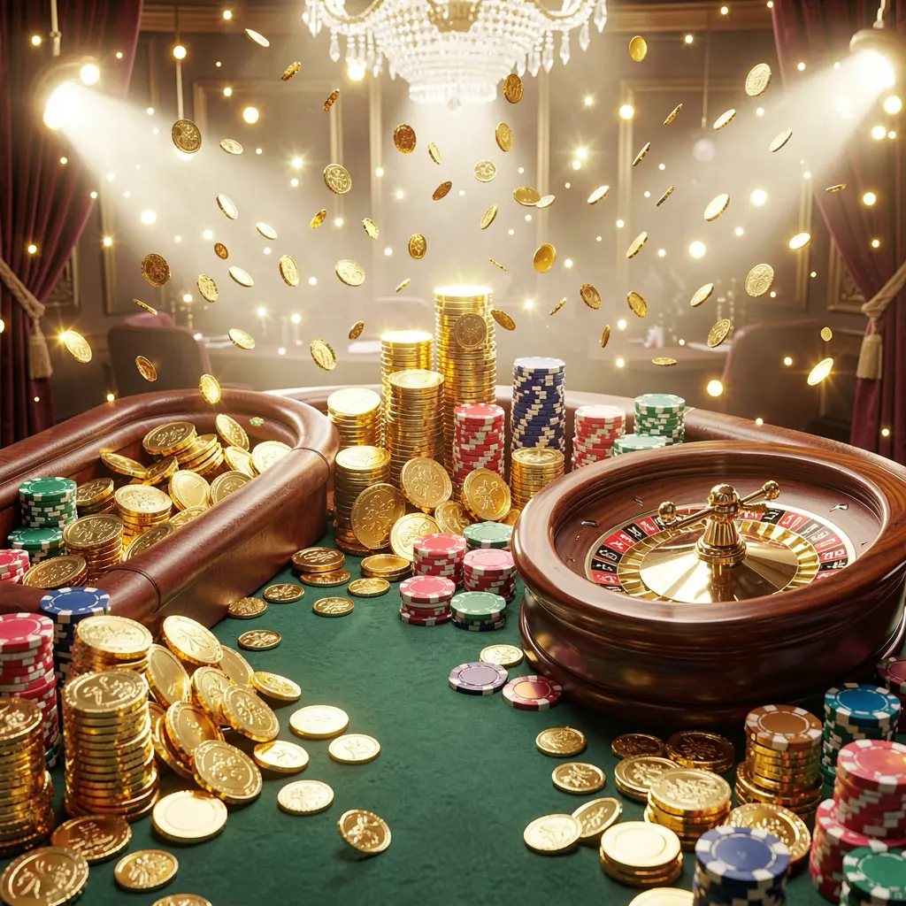 TOP786 casino jackpot scene featuring golden coins, poker chips, and a roulette wheel with bright glowing lights in a luxury celebration atmosphere TOP786 casino jackpot scene featuring golden coins, poker chips, and a roulette wheel with bright glowing lights in a luxury celebration atmosphere