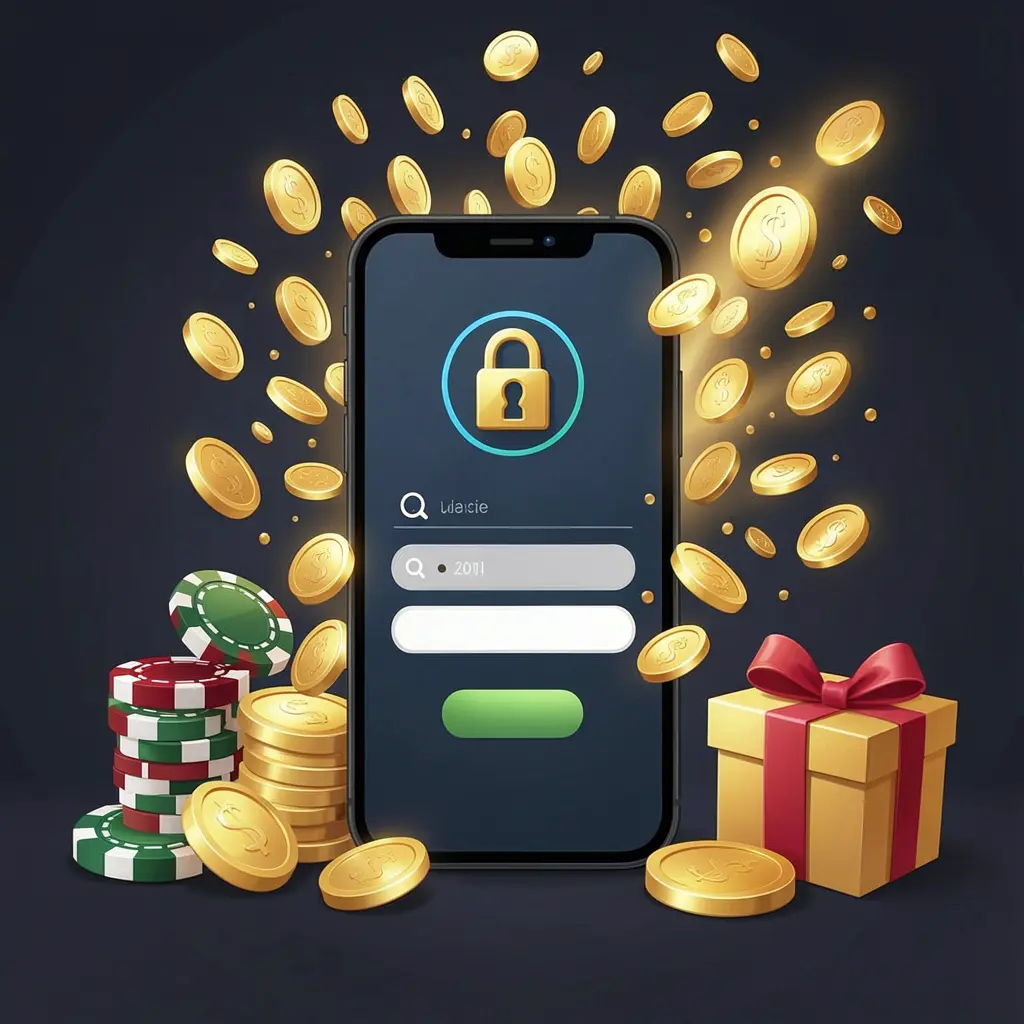 TOP786 casino user login illustration showing a phone with secure access icon, golden coins bursting from the screen, poker chips and a gift box nearby on a dark premium background