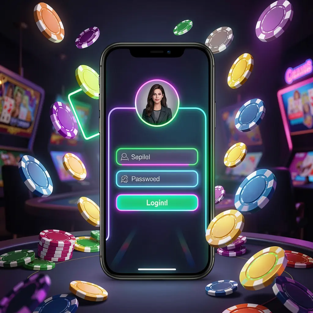 TOP786 mobile casino login screen with neon glowing abstract UI shapes on a phone, surrounded by flying chips and coins in a dark premium casino atmosphere