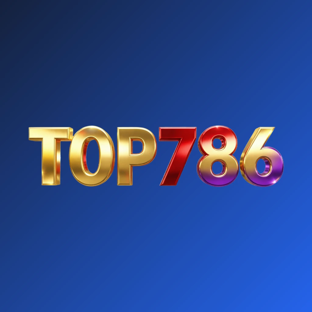 Bright premium horizontal rectangular wordmark logo for website header with the text TOP786 in thick uppercase typography, featuring vivid gold, red, and purple colors with a polished metallic finish and strong visual impact