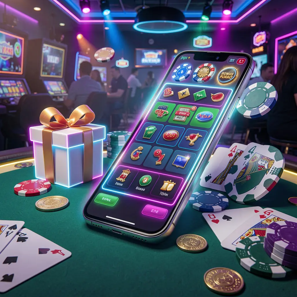Modern casino website hero scene featuring a smartphone with a glowing interface surrounded by bonus gift box, chips, coins, and playing cards in premium neon casino style, showcasing TOP786 brand